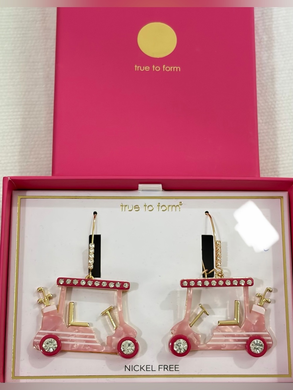 NWT True to Form Adorable Pink Golf Cart Drop Statement Earrings